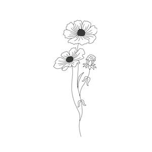 May include: Line drawing of three black and white flowers with stems. The flowers are stylised and have a simple design.
