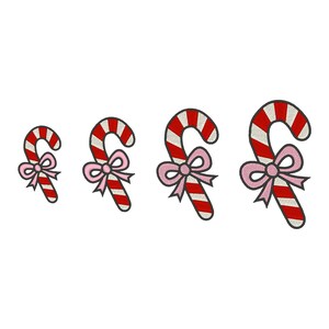 May include: Four embroidered candy canes with red and white stripes and pink bows. The candy canes are arranged in a row, each slightly larger than the last, against a white background. The design is festive and suitable for holiday-themed projects.