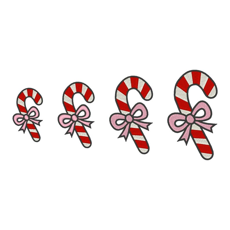 May include: Four embroidered candy canes with red and white stripes and pink bows. The candy canes are arranged in a row, each slightly larger than the last, against a white background. The design is festive and suitable for holiday-themed projects.