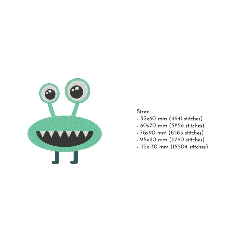 May include: A green monster with two large eyes, a wide toothy grin, and two small legs. The monster is outlined in black. The image includes text that lists different sizes and stitch counts for the monster design.