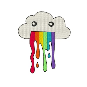 May include: A cartoon cloud with a smiling face is vomiting a rainbow. The rainbow is dripping down in colourful streaks.