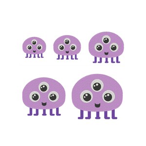 May include: Five purple cartoon monsters with three eyes each and smiling faces. The monsters have six legs and are different sizes.