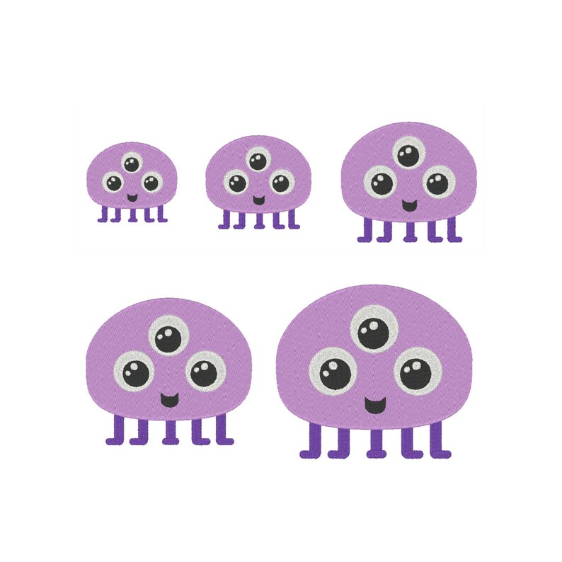 May include: Five purple cartoon monsters with three eyes each and smiling faces. The monsters have six legs and are different sizes.