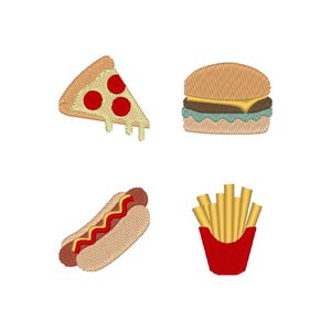 Może przedstawiać: Haftowane ikony fast food na białym tle. Zawiera kawałek pizzy z czerwonym pepperoni, cheeseburgera, hot doga z musztardą i ketchupem oraz czerwoną paczkę frytek.