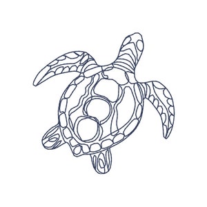 May include: A line drawing of a sea turtle with a detailed shell pattern. The turtle is facing to the right and has its head turned to the left. The drawing is in shades of blue.