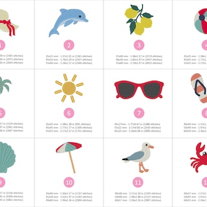 Puede incluir: Dise&ntilde;os bordados con temas de verano y playa. Incluye un sombrero de sol con cinta roja, un delf&iacute;n azul, limones, una pelota de playa, una palmera, un sol, gafas de sol rojas, chanclas, una concha, una sombrilla, una gaviota y un cangrejo.