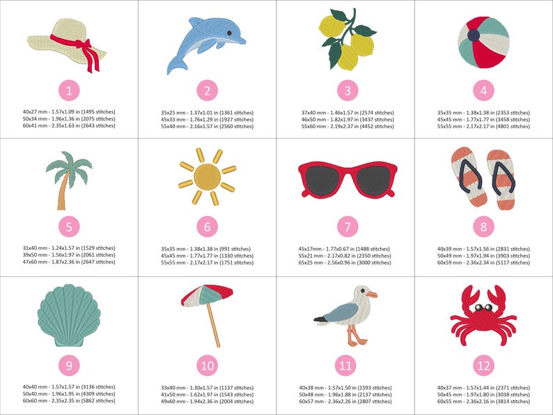 Puede incluir: Dise&ntilde;os bordados con temas de verano y playa. Incluye un sombrero de sol con cinta roja, un delf&iacute;n azul, limones, una pelota de playa, una palmera, un sol, gafas de sol rojas, chanclas, una concha, una sombrilla, una gaviota y un cangrejo.