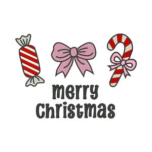 May include: An embroidered design featuring a candy, a pink bow, and a candy cane with a pink bow. The words "merry Christmas" are embroidered in a dark green color. The design is on a white background.