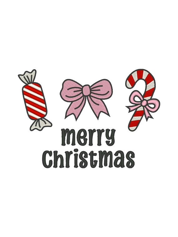 Girly Christmas Embroidery Design: Candy, Bow, Candy Cane (Digital Download)