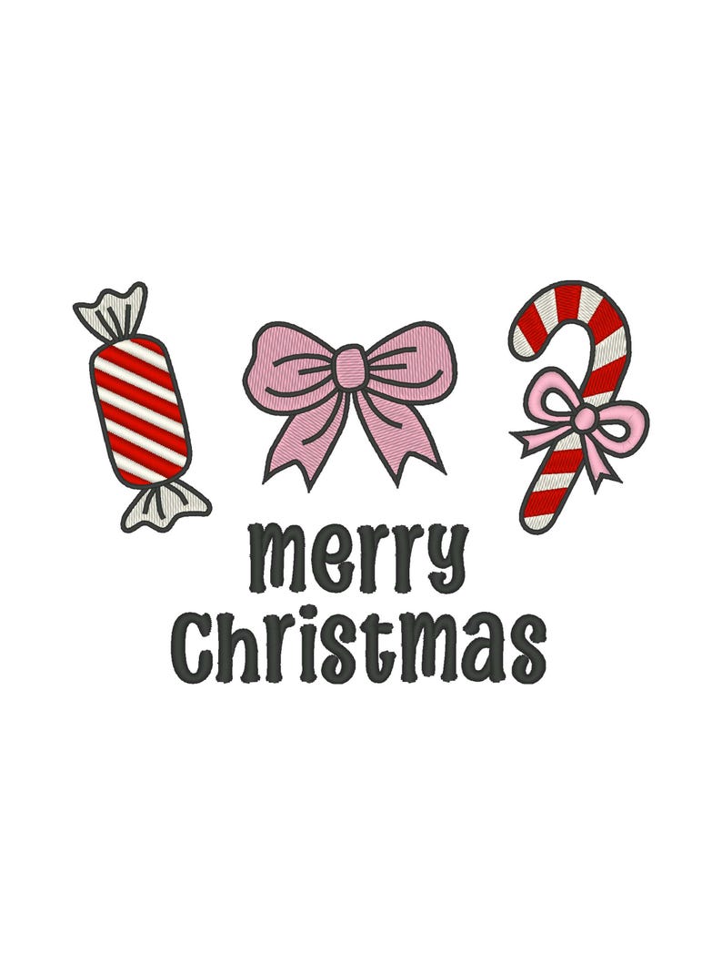 May include: An embroidered design featuring a candy, a pink bow, and a candy cane with a pink bow. The words "merry Christmas" are embroidered in a dark green color. The design is on a white background.