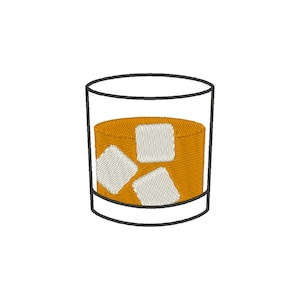 May include: A glass of amber-colored liquid with ice cubes. The glass has a thick rim and is filled with a beverage.