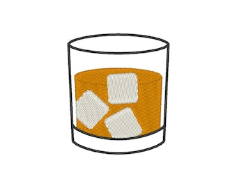 May include: A glass of amber-coloured liquid with ice cubes. The glass has a thick rim and is filled with a beverage.