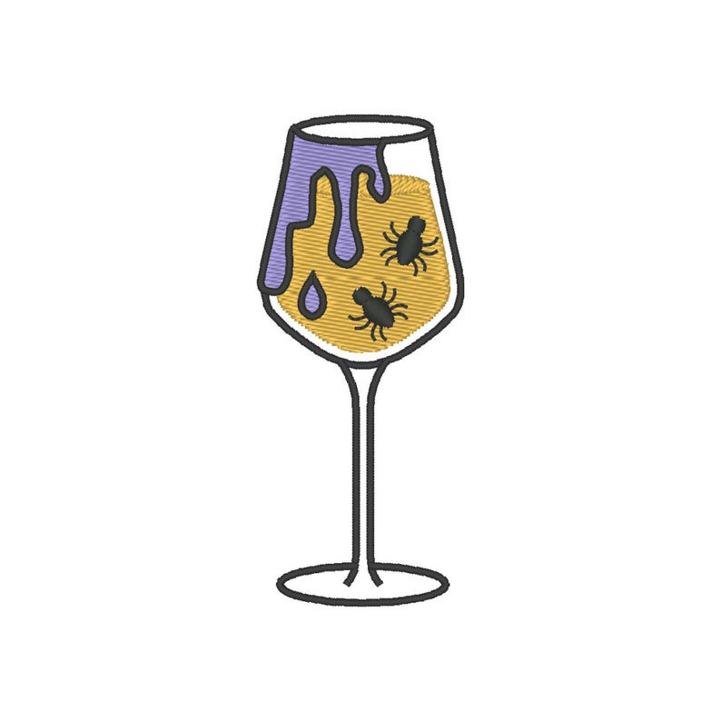 May include: A glass of wine with a purple liquid dripping down the side. There are three black spiders inside the glass.