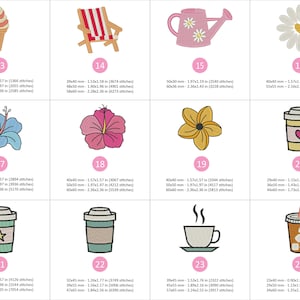 Puede incluir: Dise&ntilde;os bordados de verano y bebidas, incluyendo un helado, una silla de playa, una regadera, una margarita, una flor de hibisco, una taza de caf&eacute; y una bebida helada. Cada dise&ntilde;o est&aacute; numerado.
