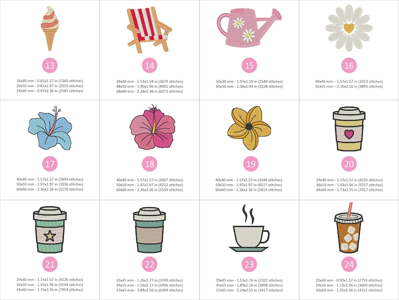 Puede incluir: Dise&ntilde;os bordados de verano y bebidas, incluyendo un helado, una silla de playa, una regadera, una margarita, una flor de hibisco, una taza de caf&eacute; y una bebida helada. Cada dise&ntilde;o est&aacute; numerado.