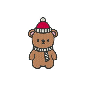 May include: A brown bear wearing a red and white striped hat and a white and black striped scarf.