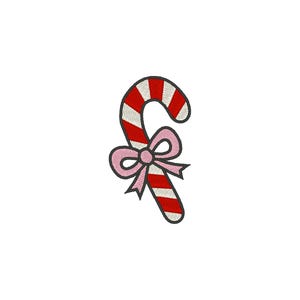 May include: Embroidered candy cane with red and white stripes, a black outline, and a pink bow. The design is on a white background. This festive image is perfect for holiday-themed crafts and decorations.