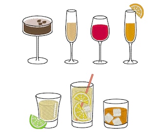 Mini Drinks Embroidery Design Set: Cocktails, Wine, Lemonade, Whiskey (Digital Download)