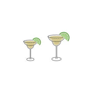 May include: Two margarita glasses with a lime wedge garnish are depicted in a minimalist line drawing style. The glasses have a classic margarita shape, with a wide rim and a stem. The lime wedges are green.