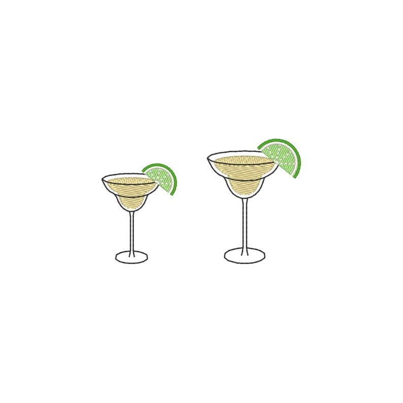 May include: Two margarita glasses with a lime wedge garnish are depicted in a minimalist line drawing style. The glasses have a classic margarita shape, with a wide rim and a stem. The lime wedges are green.