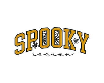 May include: An embroidery design featuring the word SPOOKY in bold yellow block letters with black outlines. The letters O and O contain a black spiderweb pattern, and two small black spiders are positioned near the letters P and Y. The word season is written below in a black cursive script.