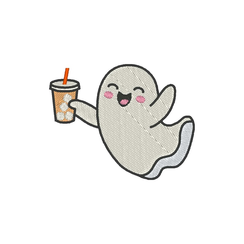 May include: A cartoon ghost with a happy expression is holding a brown and orange cup with a straw. The ghost is white with black eyes and a pink blush.