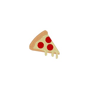 May include: An embroidered pizza slice design featuring a tan crust, a light yellow cheese layer, and three bright red pepperoni circles. The cheese is depicted with a dripping effect at the bottom edge, rendered in a detailed stitch pattern.