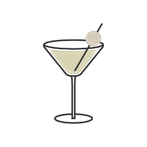 May include: Embroidered design of a martini glass with a toothpick and a round garnish. The glass is filled with a light yellow liquid and has a black outline. The garnish is a light beige color.