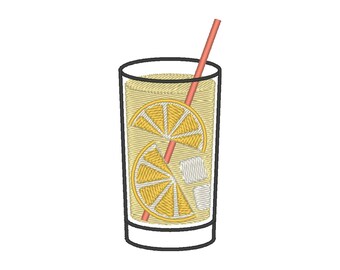 May include: A tall glass of lemonade with two lemon slices and ice cubes. A red straw sticks out of the top of the glass.