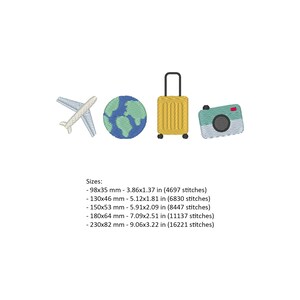 May include: Embroidered travel-themed designs including an airplane, globe, suitcase, and camera. The designs are in shades of blue, green, and yellow. Sizes range from 3.86x1.37 inches to 9.06x3.22 inches.