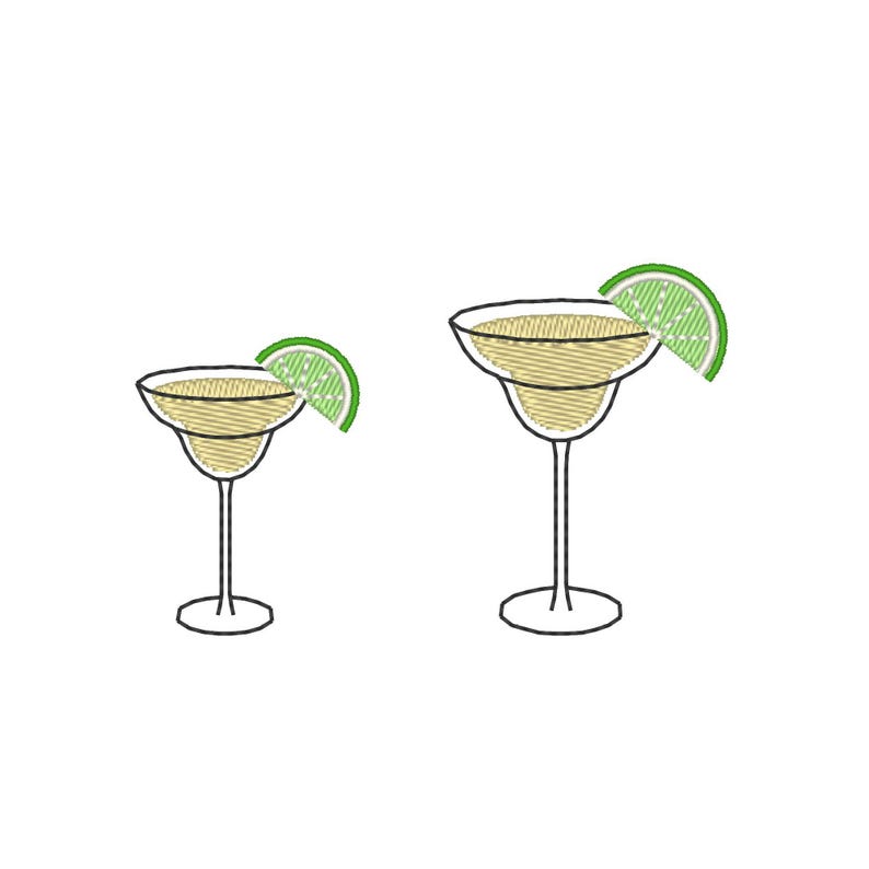 May include: Two margarita glasses with a lime wedge garnish. The glasses are filled with a light yellow liquid and have a classic margarita shape. The lime wedges are green and add a pop of color. The image is a simple, clean illustration.
