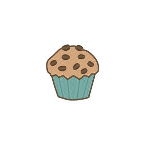 May include: An embroidered patch of a muffin. The muffin has a light brown top with dark brown chocolate chips. It sits in a teal blue paper cup with a brown outline. The background is white.