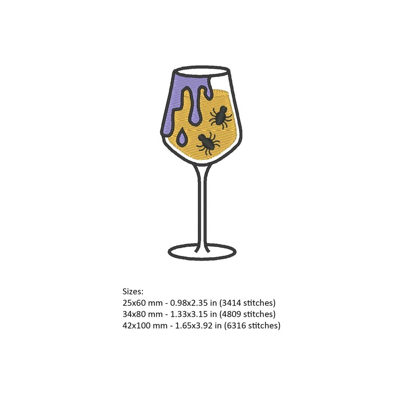 May include: A purple and yellow wine glass with three black bugs inside. The glass is filled with a yellow liquid and has a purple drip running down the side. Sizes: 25x60 mm - 0.98x2.35 in (3414 stitches), 34x80 mm - 1.33x3.15 in (4809 stitches), 42x100 mm - 1.65x3.92 in (6316 stitches)