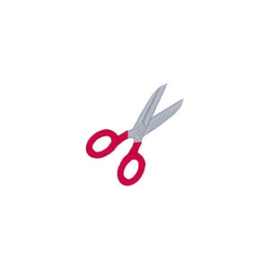 May include: An embroidered patch of a pair of scissors with bright red finger loops and silver-grey blades. The design features detailed stitching that mimics the texture of metal blades and the solid colour of the plastic handle loops.