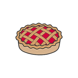 May include: A round pie with a lattice top, featuring a red filling and a golden-brown crust. The pie has a scalloped edge and is set against a white background. This image is suitable for food-related designs.