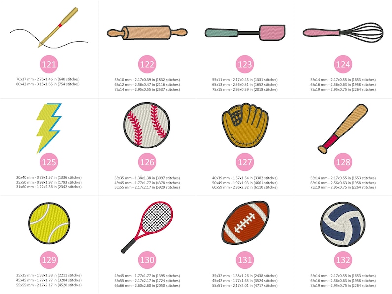 Puede incluir: Parches bordados con varios dise&ntilde;os: una aguja e hilo, rodillo, esp&aacute;tula, batidora, rayo, b&eacute;isbol, guante de b&eacute;isbol, bate, pelota de tenis, raqueta de tenis, bal&oacute;n de rugby y voleibol.