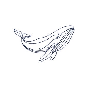 Puede incluir: Dibujo de línea de una ballena en un estilo simple y minimalista. La ballena está mirando hacia la derecha y tiene una aleta en la espalda. El dibujo está en tonos azules.