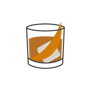 May include: An embroidered design of a cocktail in a rocks glass. The drink has a brown liquid, a white ice cube, and an orange peel garnish. The glass is outlined in black.