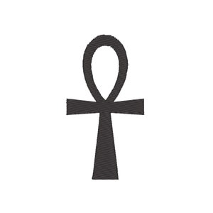 May include: A black ankh symbol, an ancient Egyptian hieroglyph, representing eternal life.