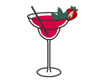 May include: An embroidered image of a cocktail in a margarita glass. The drink is a vibrant red, garnished with a strawberry and green leaves. A black straw is placed inside the glass. The glass has a black outline and a white background.