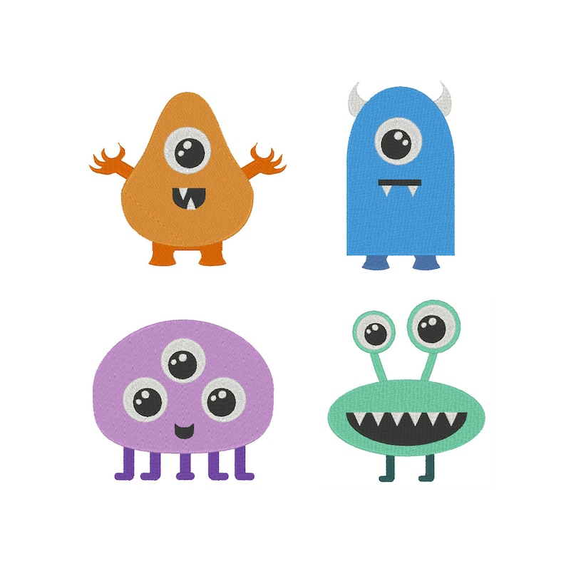May include: Four cartoon monsters with different colors, shapes, and expressions. The monsters are orange, blue, purple, and green.