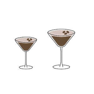 May include: Two martini glasses filled with a dark brown liquid, possibly coffee, and topped with three coffee beans. The glasses have a thin stem and a triangular bowl. The image is a simple, line-drawn illustration.