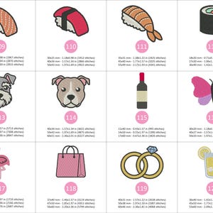 Puede incluir: Un conjunto de parches bordados con varios dise&ntilde;os. Incluye sushi, la cara de un perro, una botella de vino, una mariposa, un flamenco, una bolsa de la compra, anillos de boda y un c&oacute;ctel. Cada dise&ntilde;o est&aacute; numerado.