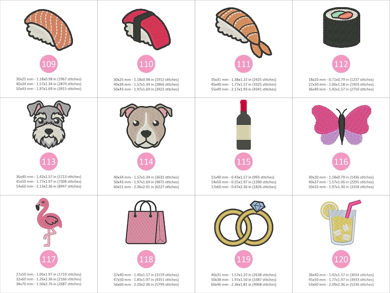 Puede incluir: Un conjunto de parches bordados con varios dise&ntilde;os. Incluye sushi, la cara de un perro, una botella de vino, una mariposa, un flamenco, una bolsa de la compra, anillos de boda y un c&oacute;ctel. Cada dise&ntilde;o est&aacute; numerado.