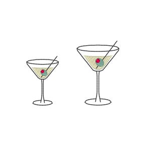 May include: Two martini glasses with a black outline, filled with a light yellow liquid and garnished with an olive and a toothpick. The glasses are on a white background. The martini glasses are different sizes.