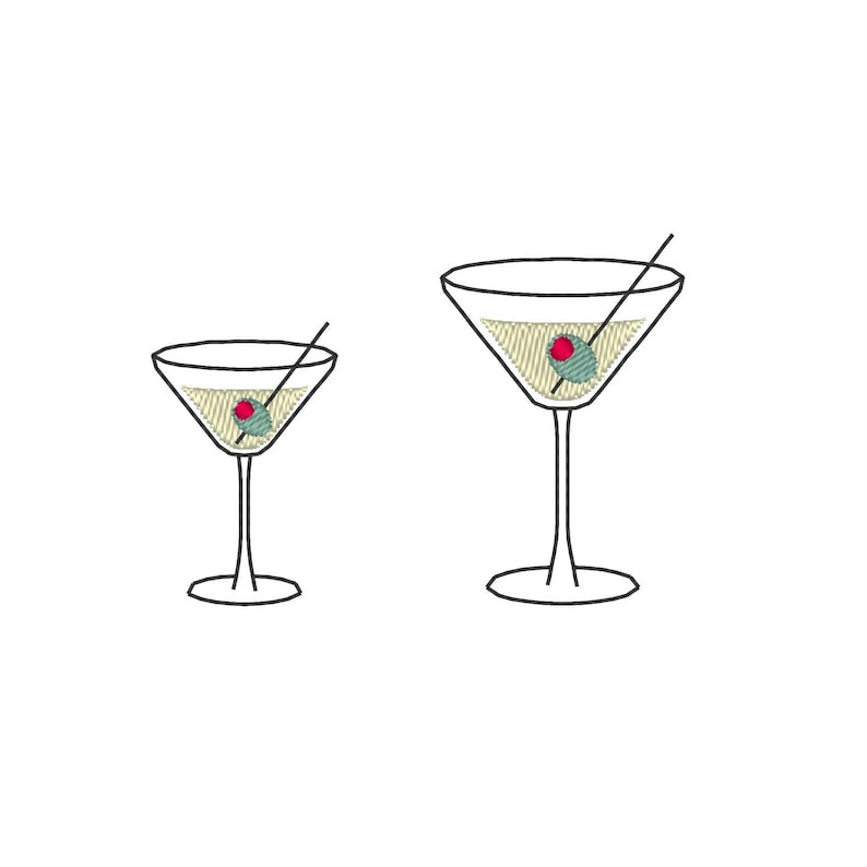 May include: Two martini glasses with a black outline, filled with a light yellow liquid and garnished with an olive and a toothpick. The glasses are on a white background. The martini glasses are different sizes.