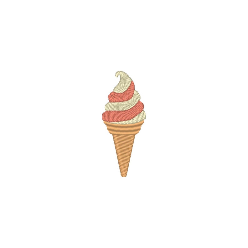 May include: A soft serve ice cream cone with white and pink swirls in a waffle cone.