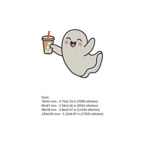 May include: A cartoon ghost with a friendly expression holds a cup of iced coffee. The ghost is white with black outlines and has pink cheeks. The coffee cup is brown with a white lid and a straw.