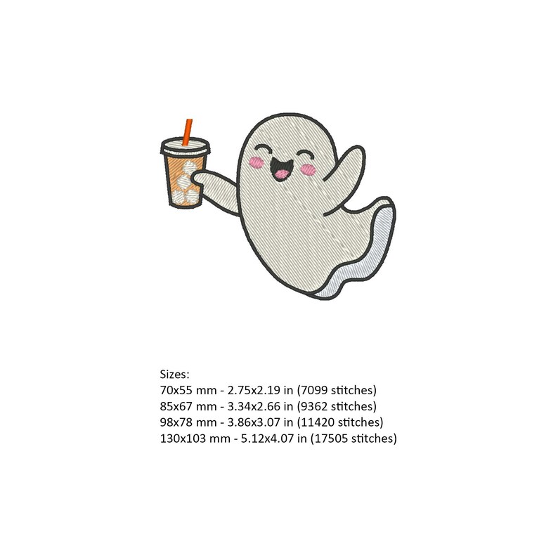 May include: A cartoon ghost with a friendly expression holds a cup of iced coffee. The ghost is white with black outlines and has pink cheeks. The coffee cup is brown with a white lid and a straw.
