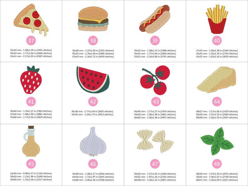 Puede incluir: Parches de comida bordados que incluyen una porci&oacute;n de pizza, hamburguesa, perrito caliente, papas fritas, fresa, sand&iacute;a, tomates, queso, aceite de oliva, ajo, pasta y albahaca. Cada parche tiene un n&uacute;mero.